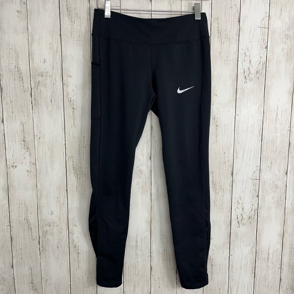 Nike Dri-Fit Black Cropped Mesh Bottom Drawstring Zip Pocket Stretch Leggings